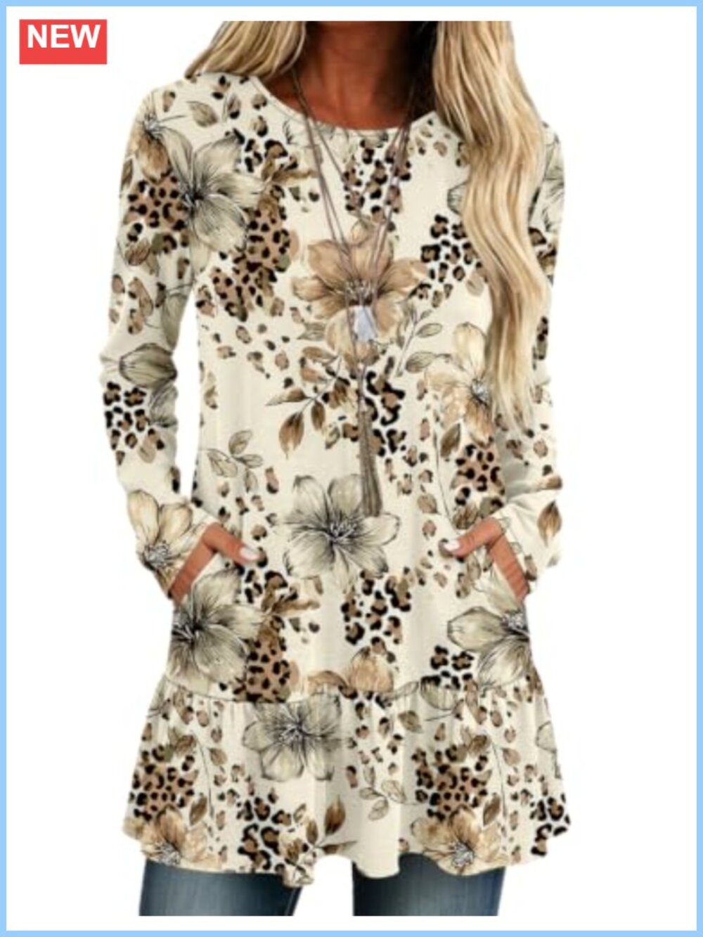 Women's Long Sleeve Tunic Top Ruffle Hem O Neck Dressy Casual Blouse